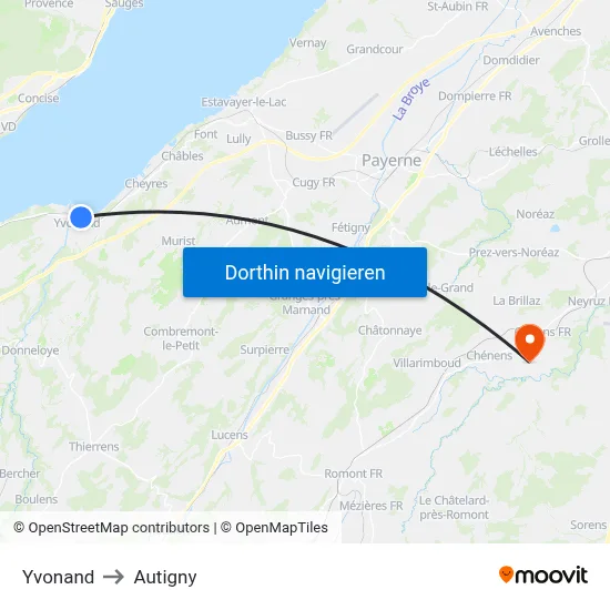 Yvonand to Autigny map