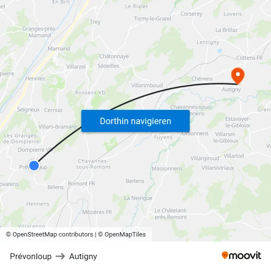 Prévonloup to Autigny map