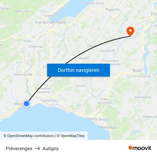 Préverenges to Autigny map