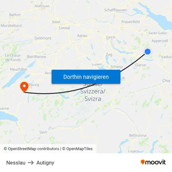 Nesslau to Autigny map