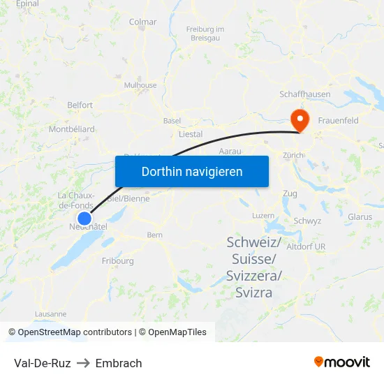 Val-De-Ruz to Embrach map