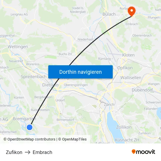 Zufikon to Embrach map