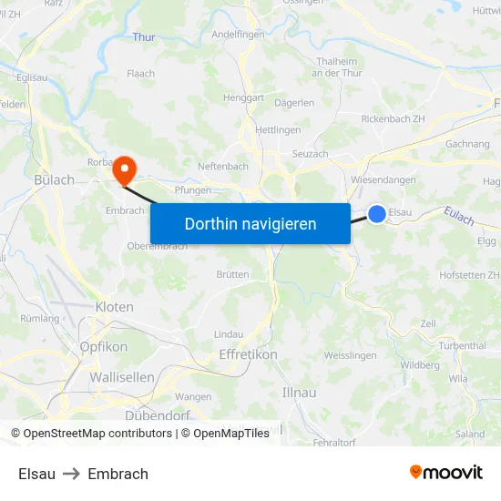 Elsau to Embrach map