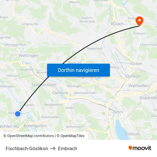 Fischbach-Göslikon to Embrach map