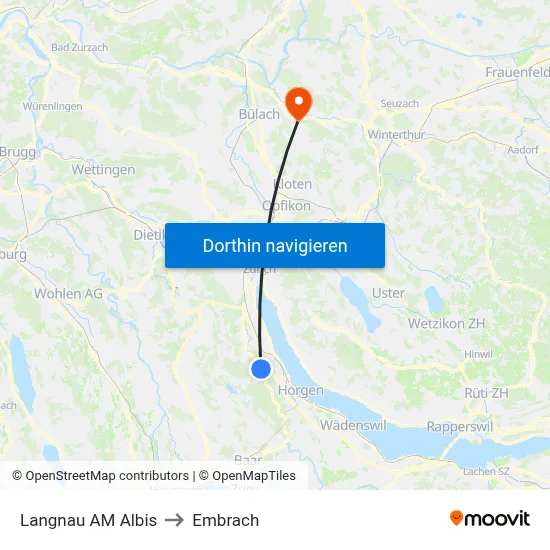 Langnau AM Albis to Embrach map