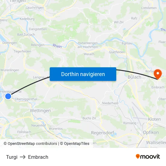 Turgi to Embrach map