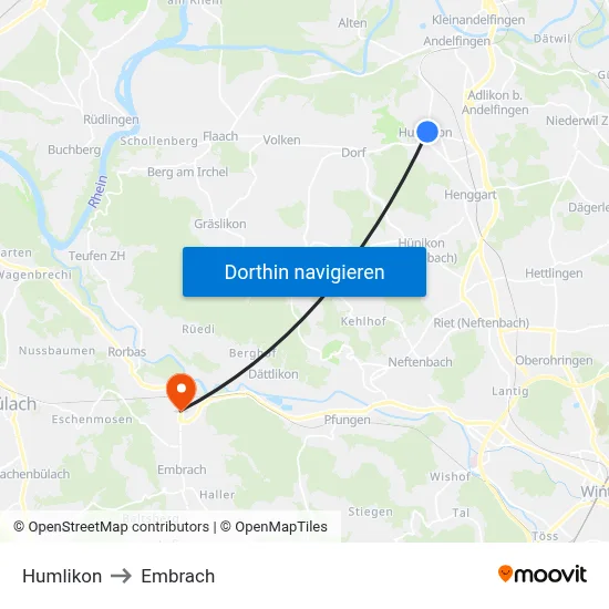 Humlikon to Embrach map