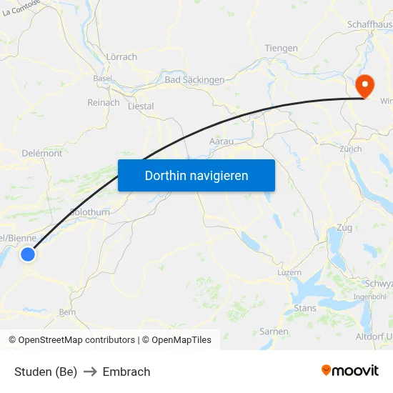 Studen (Be) to Embrach map