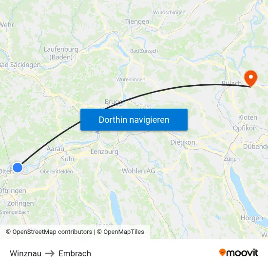 Winznau to Embrach map