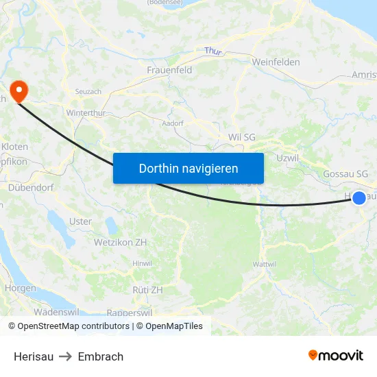 Herisau to Embrach map