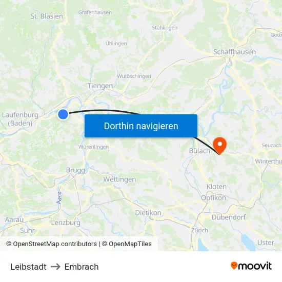 Leibstadt to Embrach map