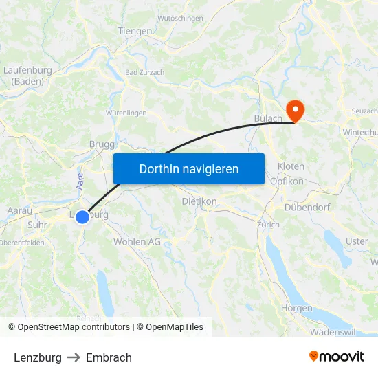 Lenzburg to Embrach map