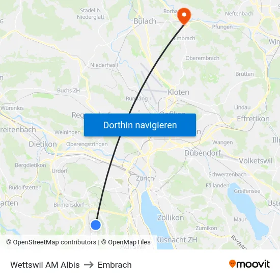 Wettswil AM Albis to Embrach map