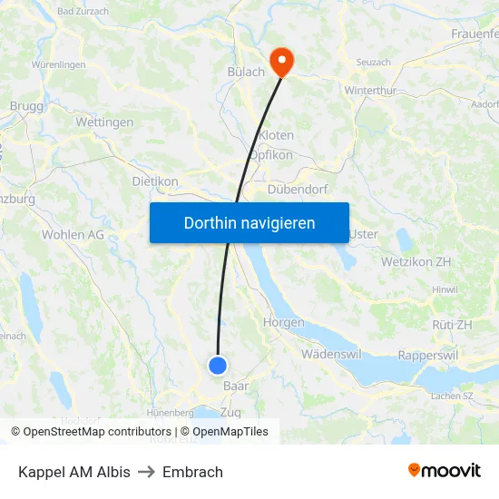 Kappel AM Albis to Embrach map