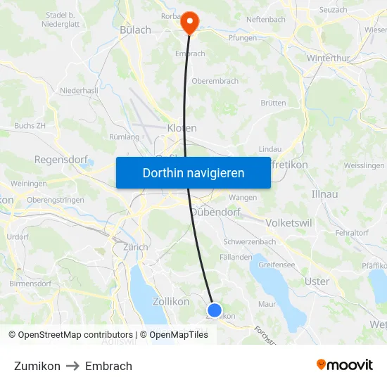 Zumikon to Embrach map