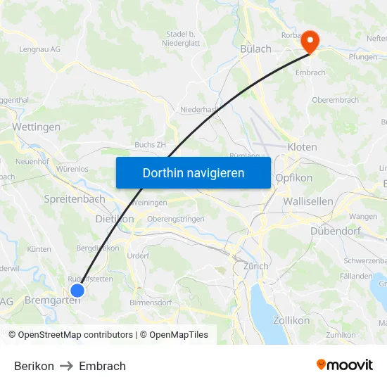 Berikon to Embrach map