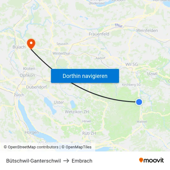 Bütschwil-Ganterschwil to Embrach map
