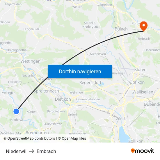 Niederwil to Embrach map