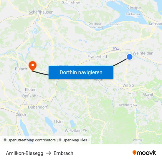 Amlikon-Bissegg to Embrach map