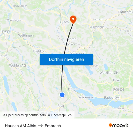 Hausen AM Albis to Embrach map