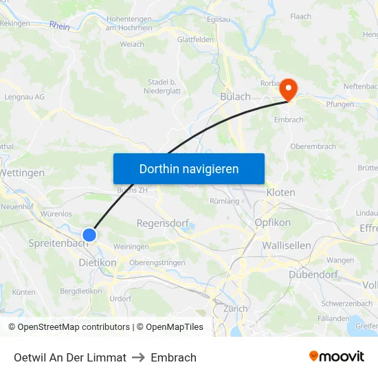 Oetwil An Der Limmat to Embrach map