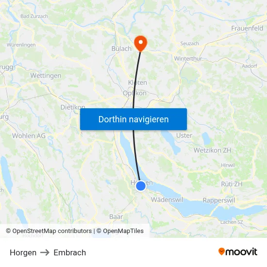 Horgen to Embrach map