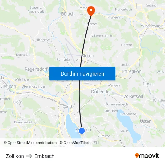Zollikon to Embrach map