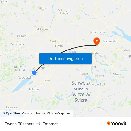Twann-Tüscherz to Embrach map
