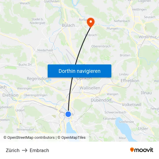 Zürich to Embrach map