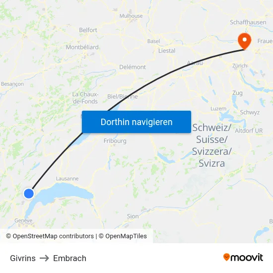Givrins to Embrach map
