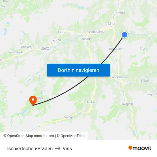 Tschiertschen-Praden to Vals map