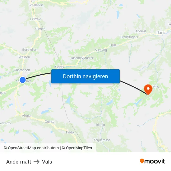 Andermatt to Vals map