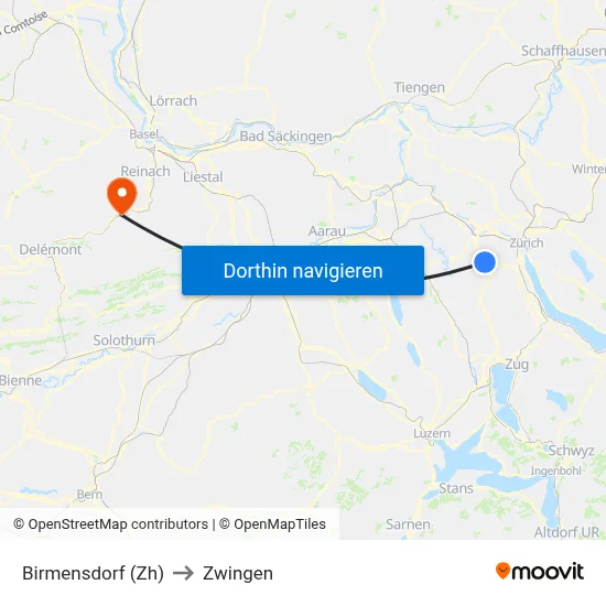 Birmensdorf (Zh) to Zwingen map