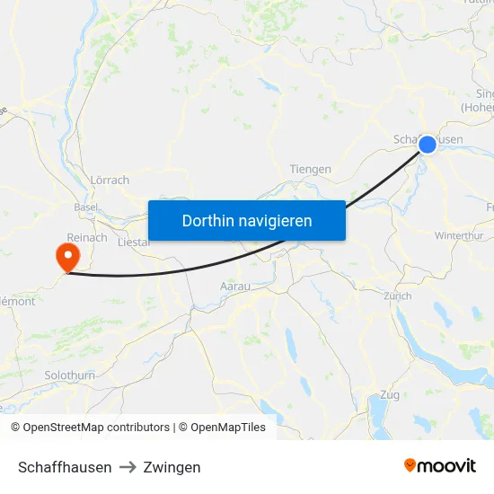Schaffhausen to Zwingen map