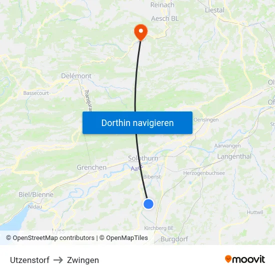 Utzenstorf to Zwingen map