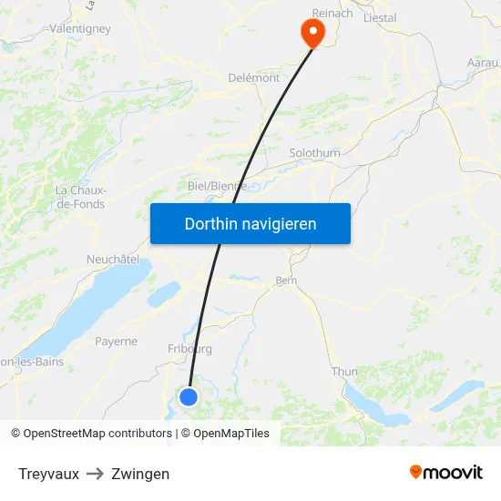 Treyvaux to Zwingen map