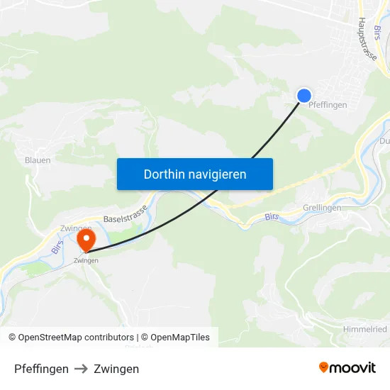 Pfeffingen to Zwingen map