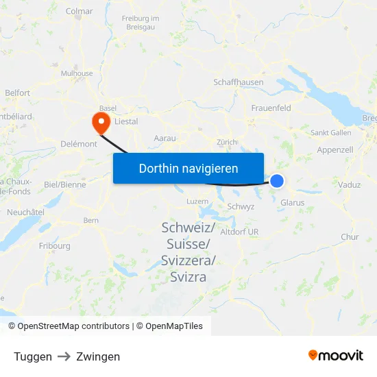 Tuggen to Zwingen map