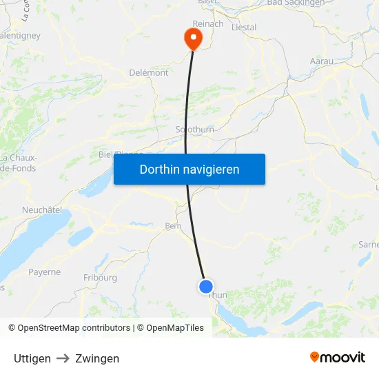 Uttigen to Zwingen map