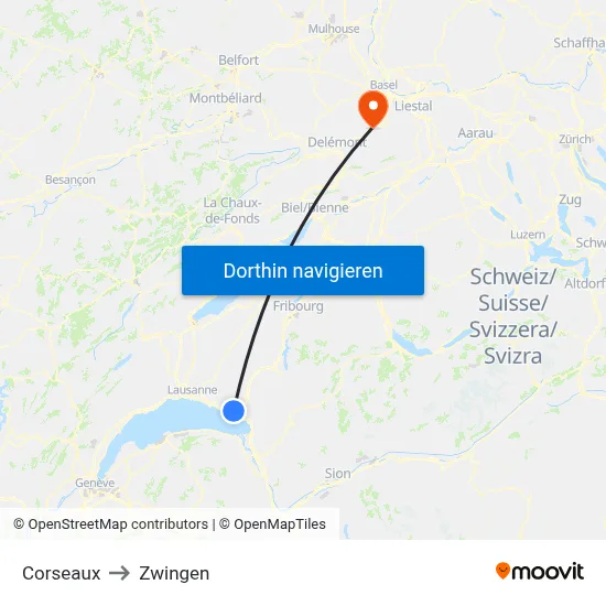 Corseaux to Zwingen map