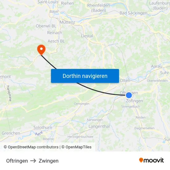 Oftringen to Zwingen map