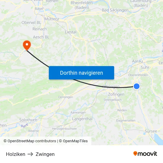 Holziken to Zwingen map