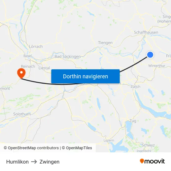 Humlikon to Zwingen map