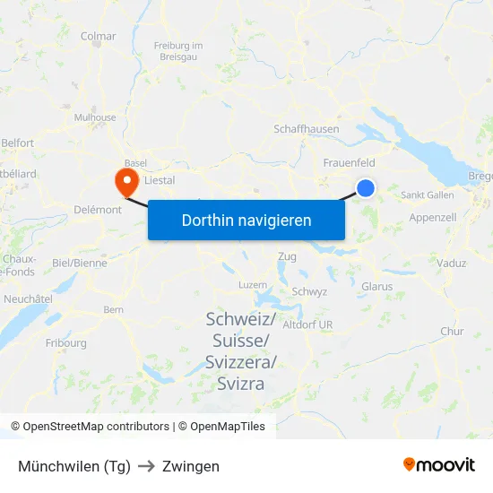 Münchwilen (Tg) to Zwingen map