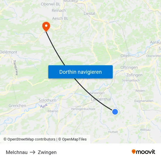 Melchnau to Zwingen map