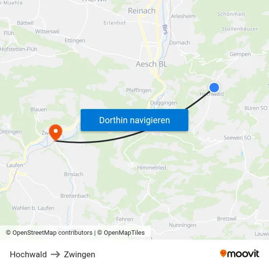 Hochwald to Zwingen map