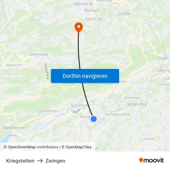 Kriegstetten to Zwingen map
