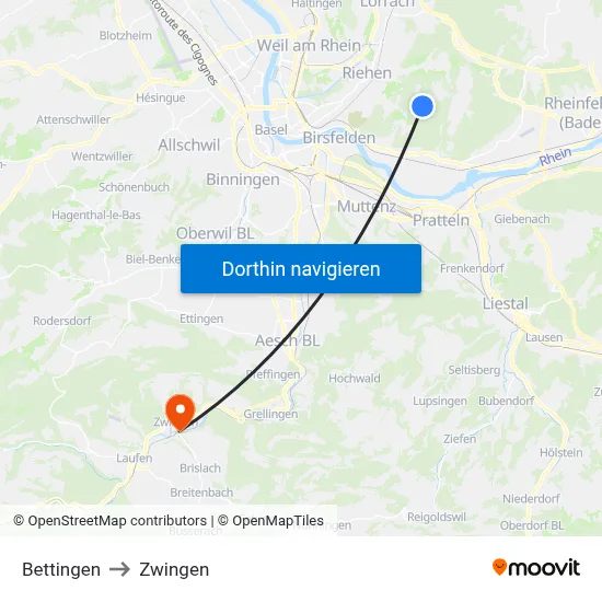Bettingen to Zwingen map