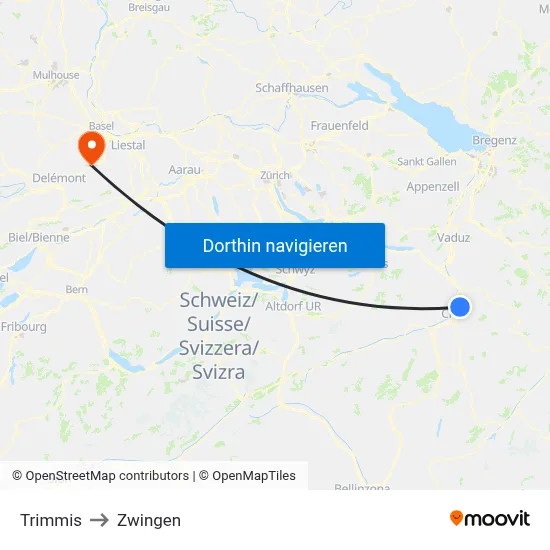 Trimmis to Zwingen map