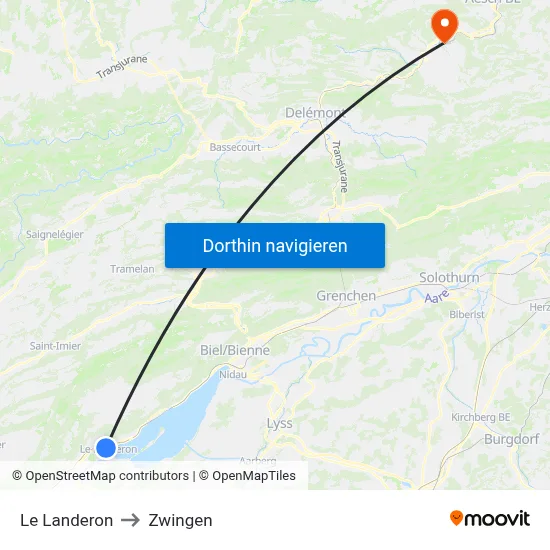 Le Landeron to Zwingen map